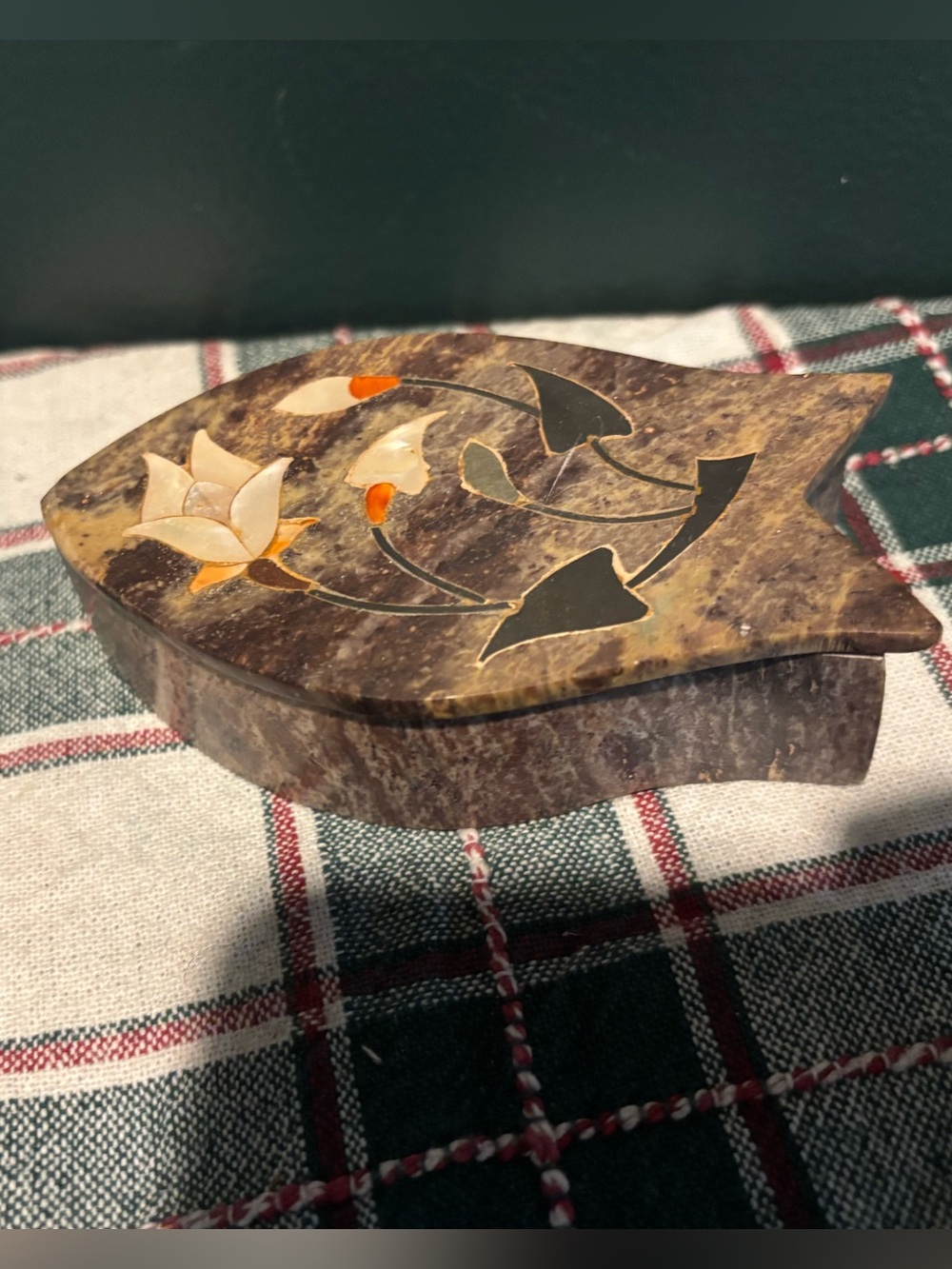 Antique Inlaid Stone Fish Shaped Trinket Box with Floral Mother-of-Pearl Detail